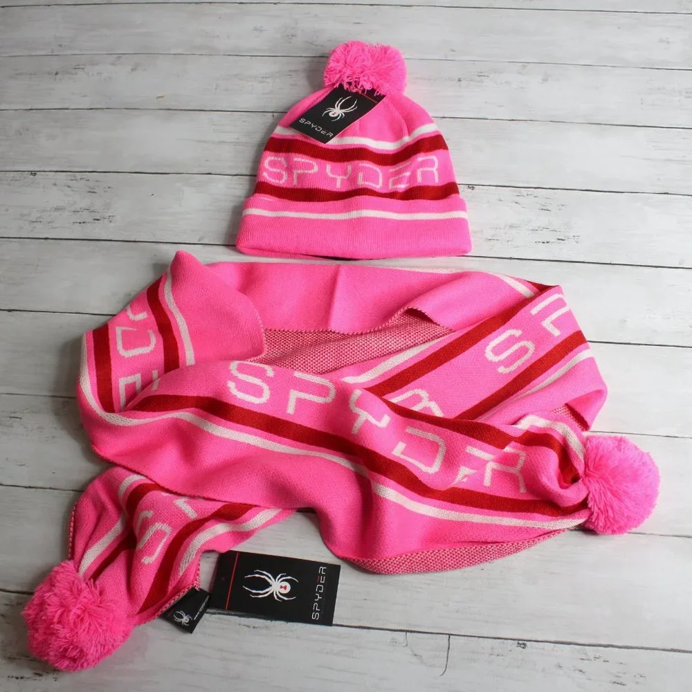 Spyder Women's Winter Beanie Ski Hat Scarf Lot Bright Pink Red White